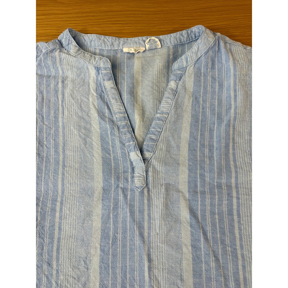 Sigrid Olsen Blue Striped Linen Blend V-Neck Blouse Short Sleeve Top Large - Picture 3 of 6